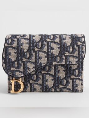 Dior Blue and Beige Saddle Flap Card Holder
